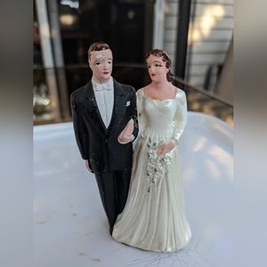VINTAGE 1940s? Wedding Cake Topper - Bride & Groom - Chalk Ware Mid-Century?